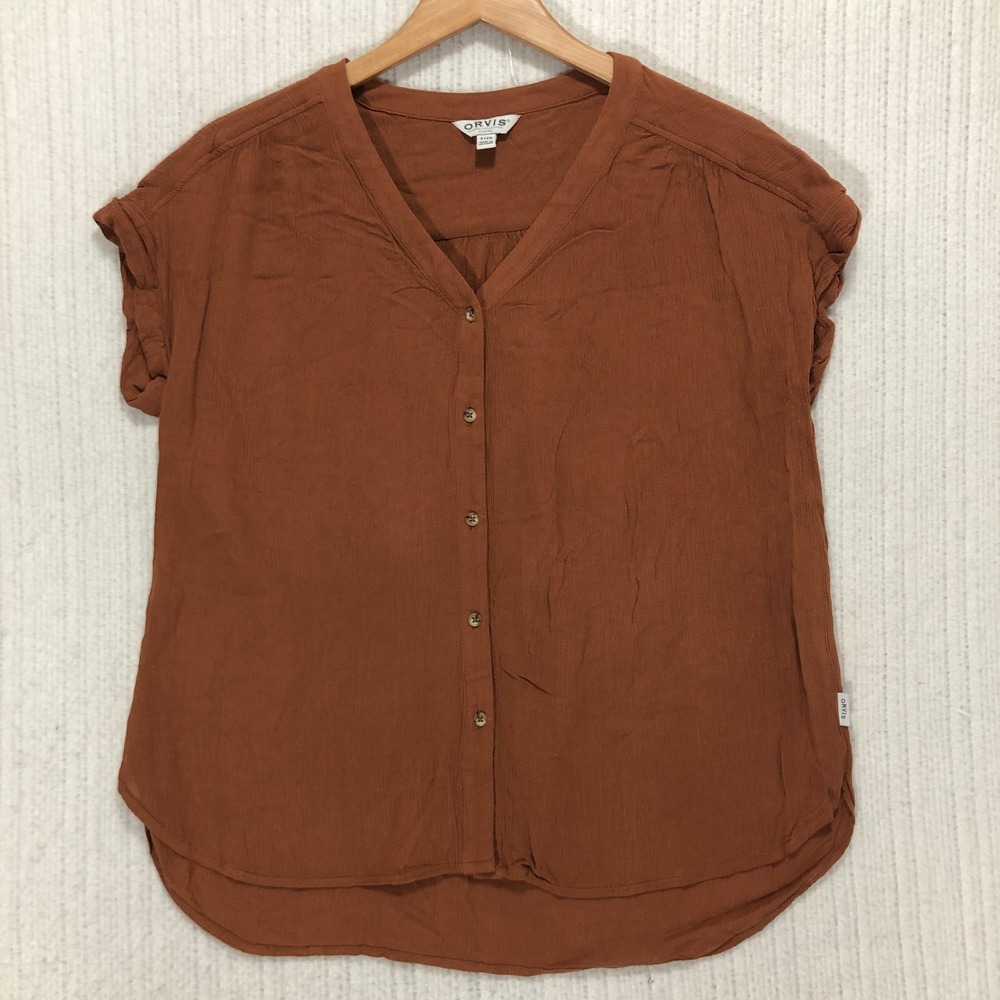 Orvis Short Sleeve Button Front V Neck Blouse Rust Orange‎ Size S - Picture 2 of 7